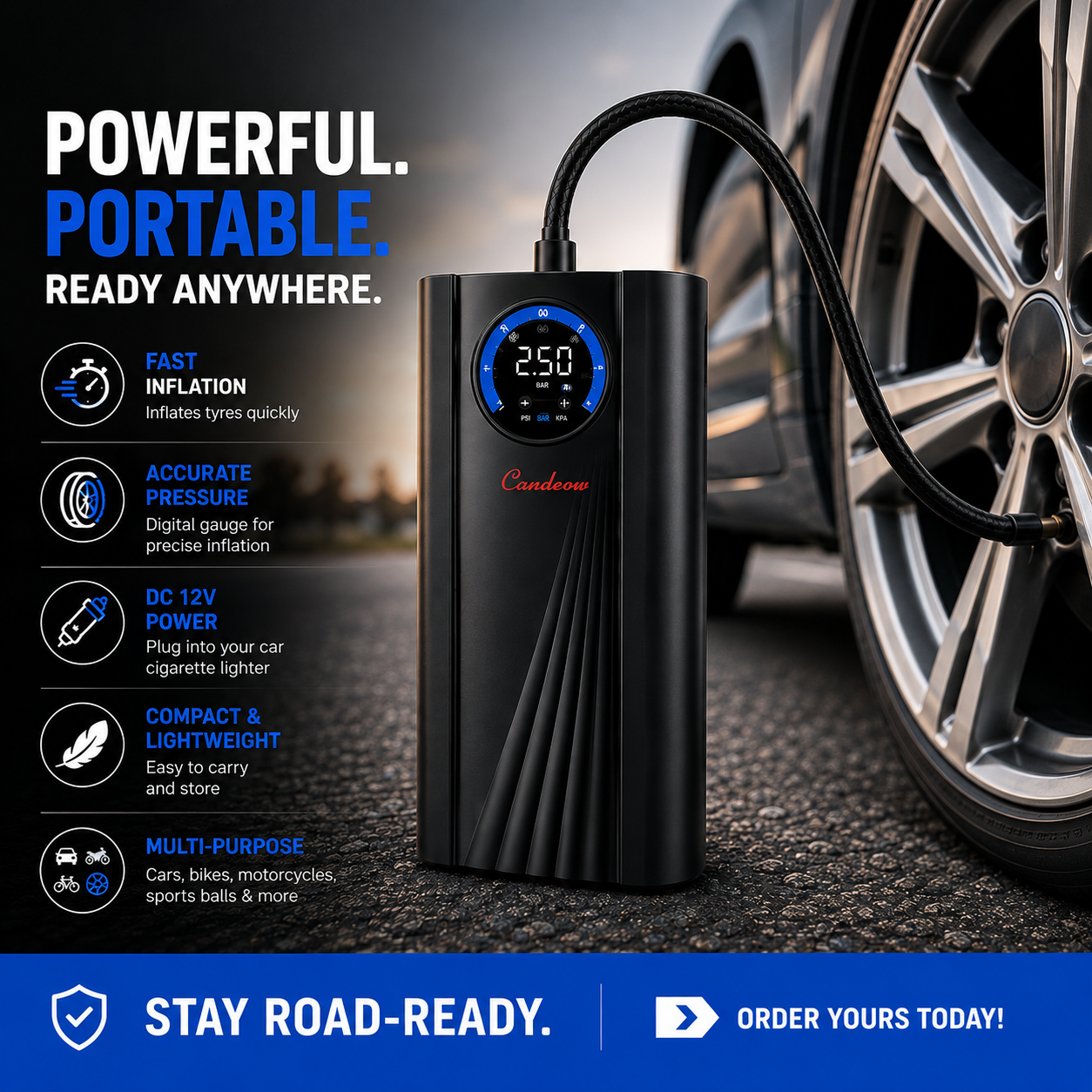 DriveReady™ Portable Digital Air Compressor for Car Tyres